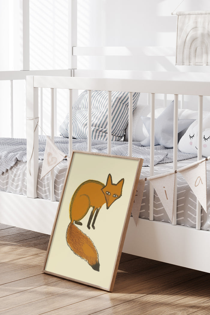 Modern nursery room interior with cozy bedding and charming fox illustration artwork poster