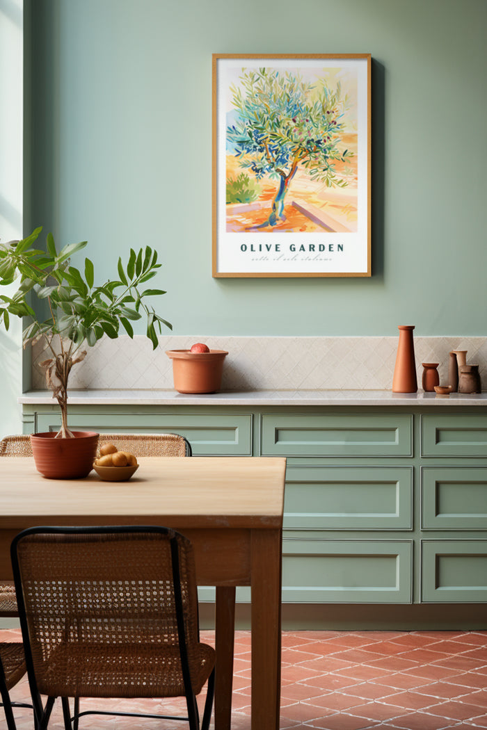 Contemporary kitchen with 'Olive Garden' art poster on the wall