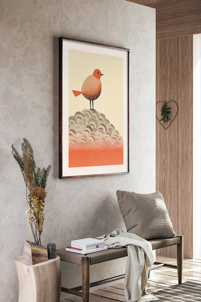 Minimalist orange bird illustration on a stylized cloud backdrop, framed wall art in contemporary room setting