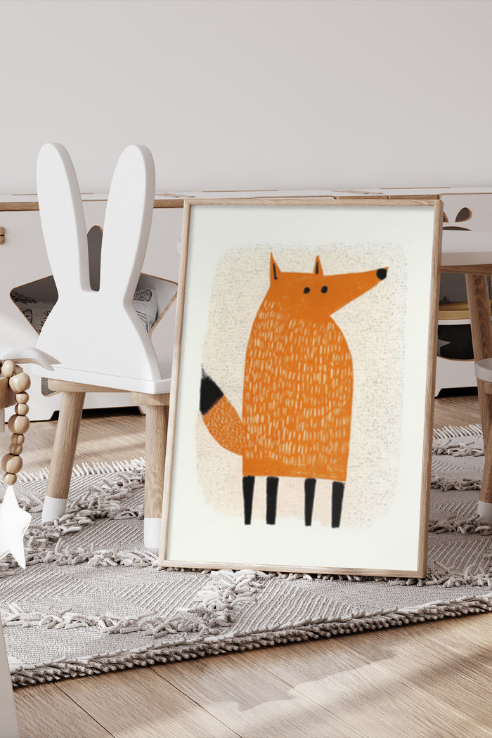 Orange cartoon fox artwork poster displayed in a modern home interior next to a white rabbit figurine
