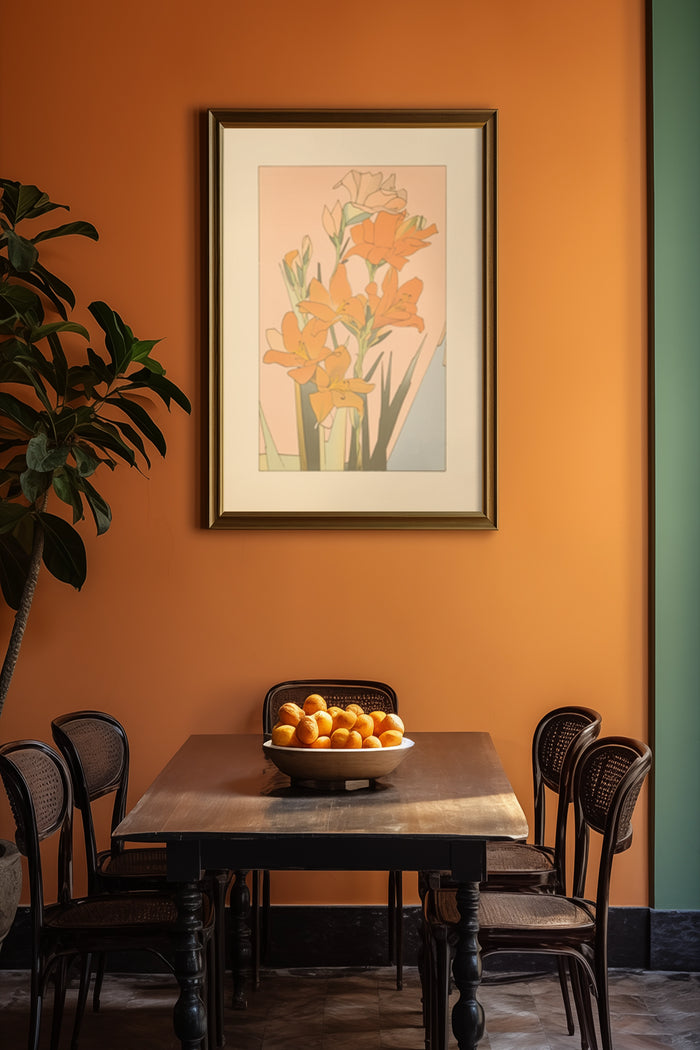 Elegant dining room interior with orange flower artwork, wooden table, and bowl of oranges