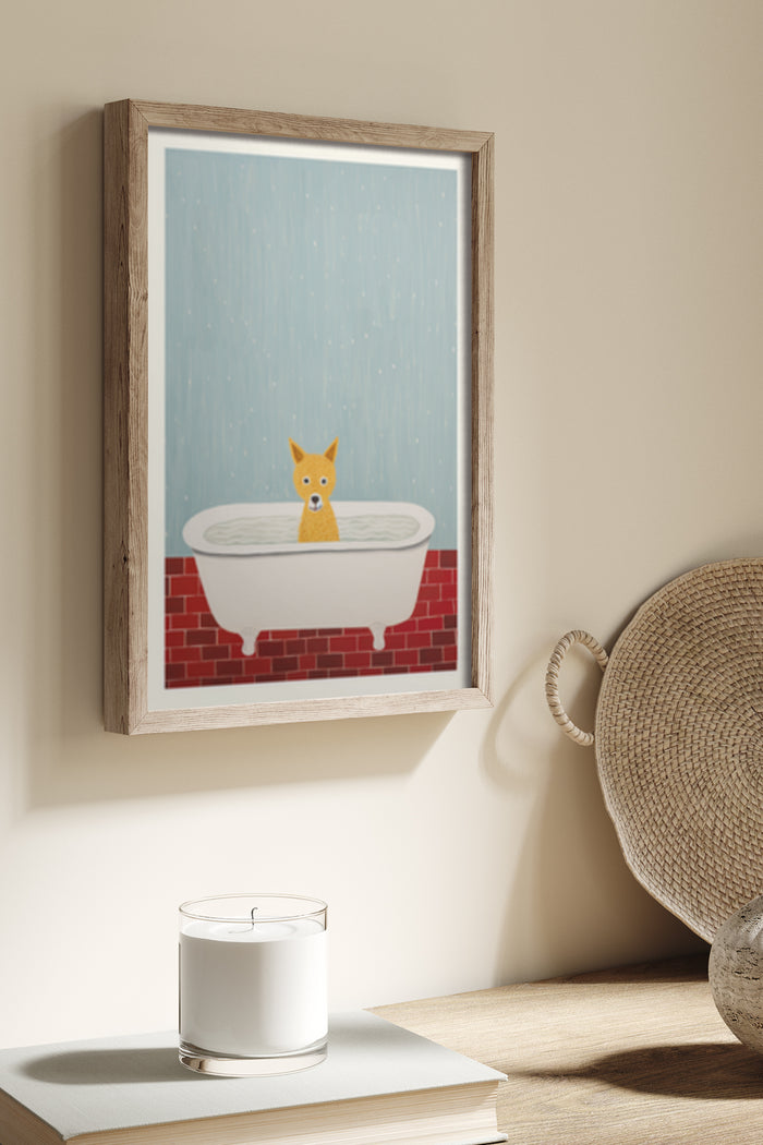 Minimalist illustration poster of an orange fox in a white bathtub against a brick wall backdrop