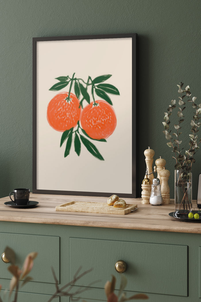 Modern kitchen decorated with a framed poster of orange fruit artwork