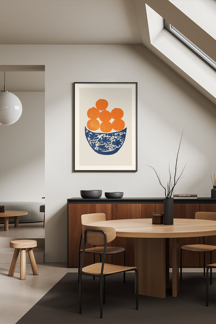 Stylish poster with graphic design of orange fruits in a blue patterned bowl displayed in a contemporary dining room