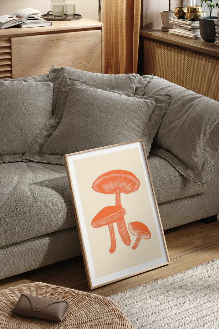 Stylish orange mushroom illustration poster in a modern living room setting
