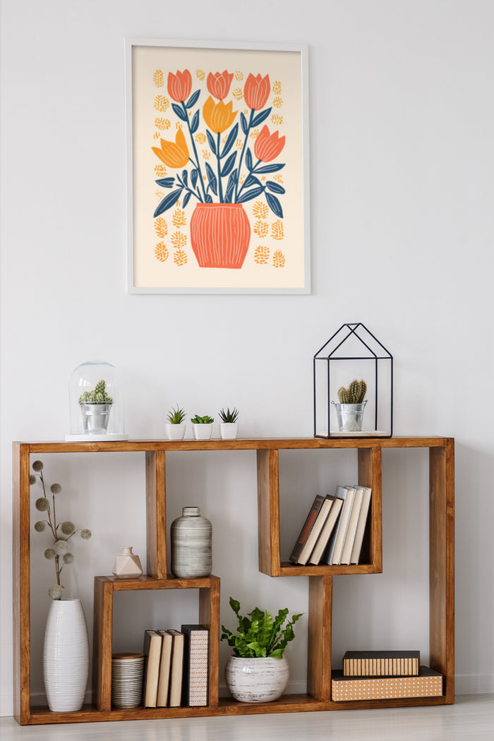 Modern minimalist poster featuring orange tulips in a red vase against a cream background, displayed in a home setting