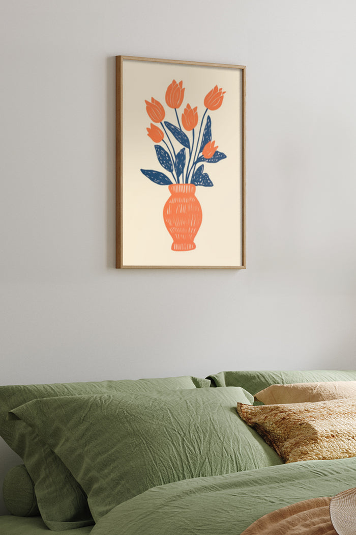 Stylized orange tulips in a striped vase artwork poster on bedroom wall
