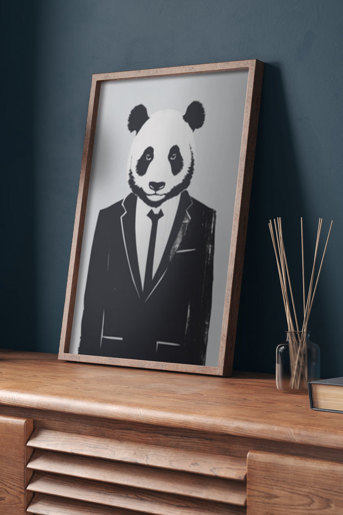 Stylish panda in suit art poster in a modern interior setting