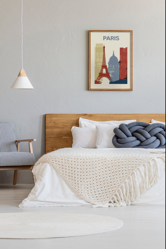 Modern bedroom interior design with Paris landmark poster, cozy bedding and stylish chair