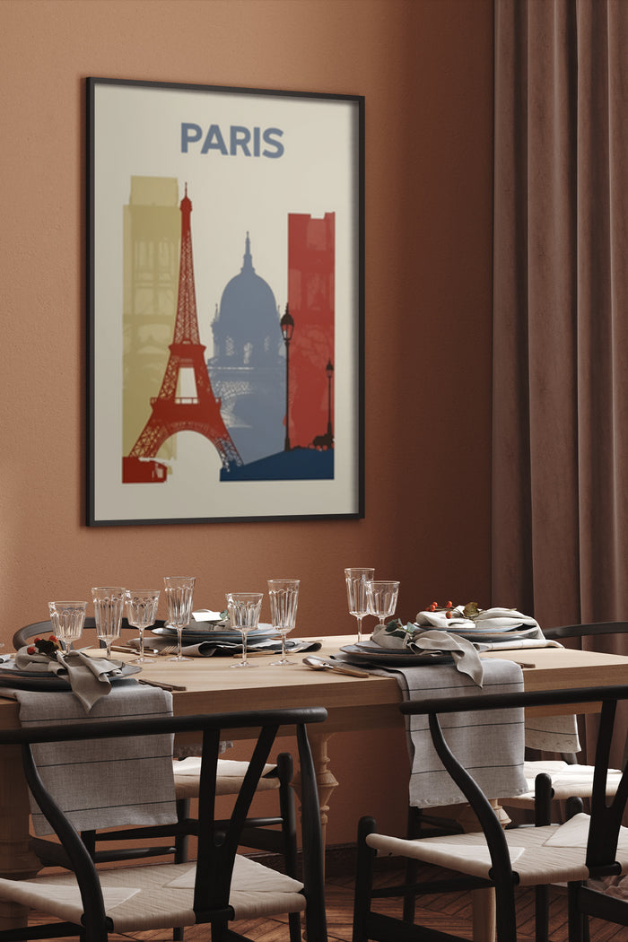 Vintage style Paris poster with Eiffel Tower and iconic architecture in a modern dining room setting
