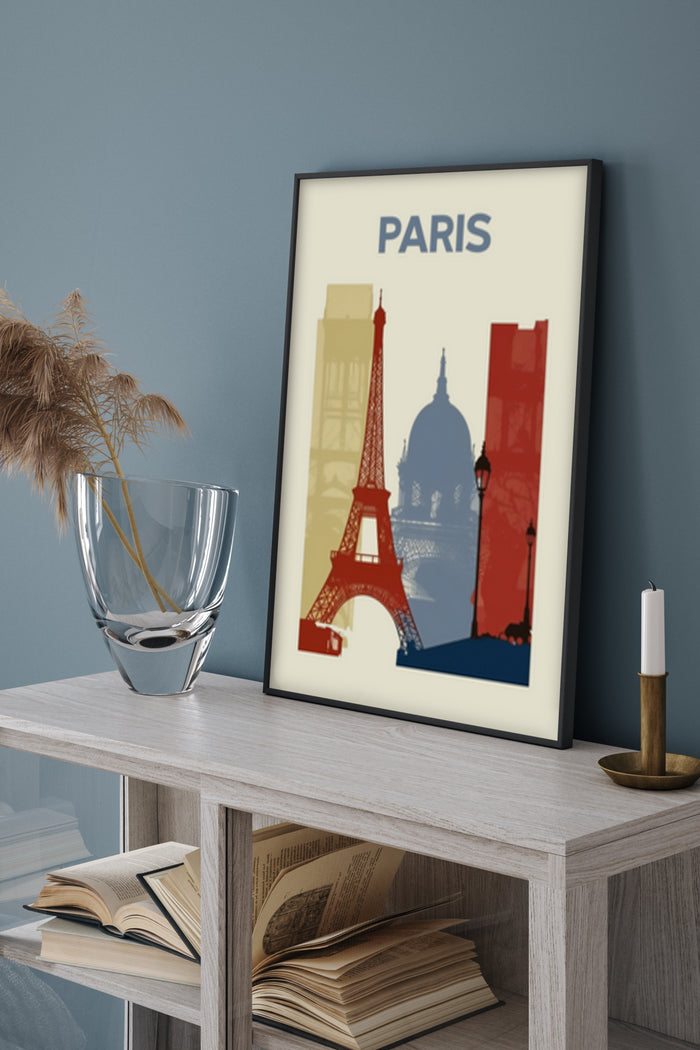 Stylish Paris travel poster featuring Eiffel Tower and iconic landmarks on display in modern home setting