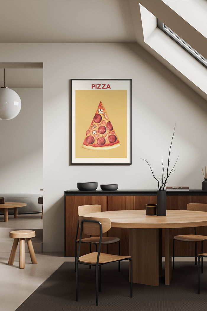 Minimalist pepperoni pizza poster art displayed in a contemporary dining room interior