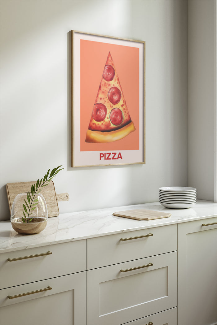 Vibrant Pepperoni Pizza Slice Poster in Modern Kitchen Setting