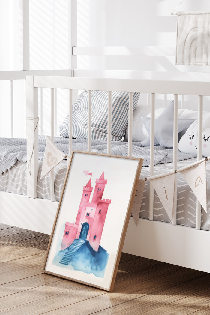 Pink Castle Watercolor Artwork Leaning on White Baby Bed in Nursery Interior
