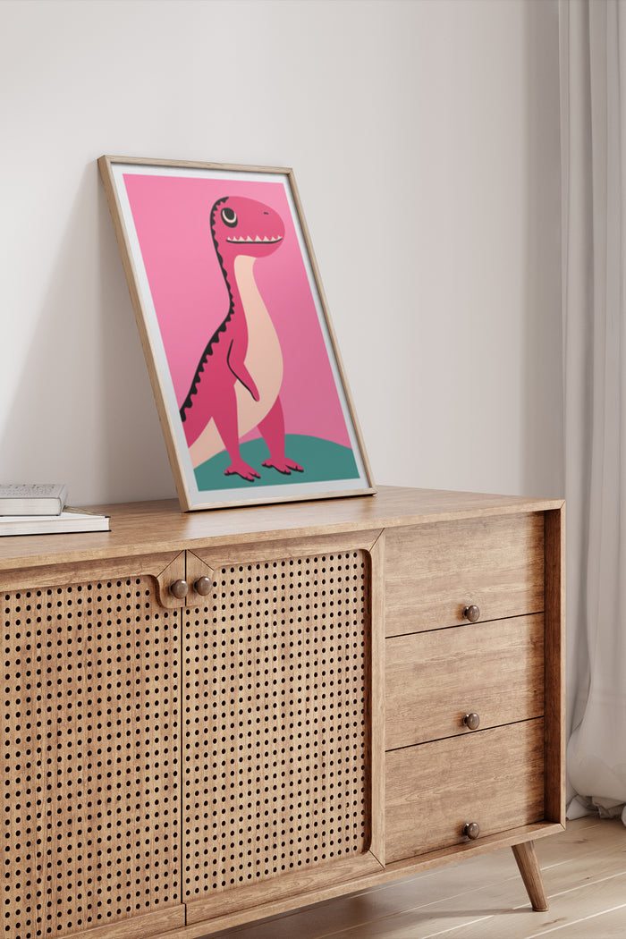 Cartoon pink dinosaur poster framed on wooden sideboard in modern interior