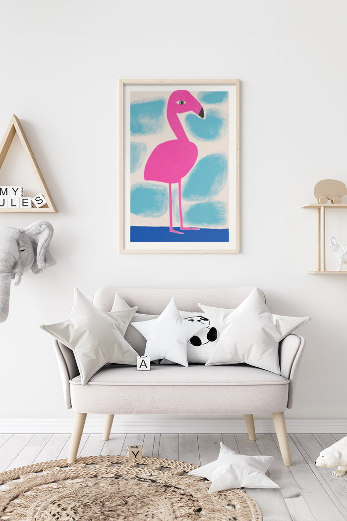 Modern living room interior with a framed poster of a pink flamingo, stylish furniture and playful decor accents