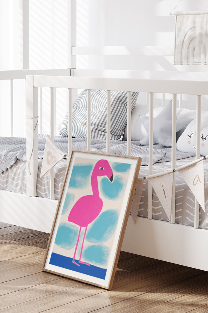 Contemporary pink flamingo art poster in a stylish nursery room setting