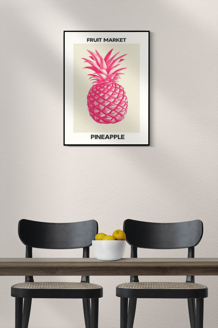 Stylized pink pineapple poster with 'Fruit Market' text in a modern interior setting