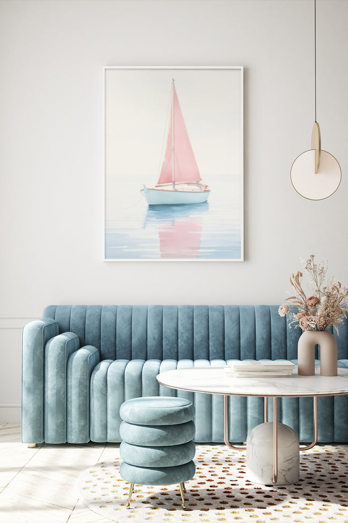 Modern home décor with a pink sailboat on calm waters poster above blue velvet sofa