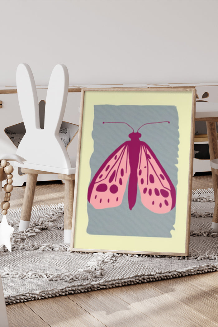 Contemporary pink spotted moth illustration framed in a cozy room setting