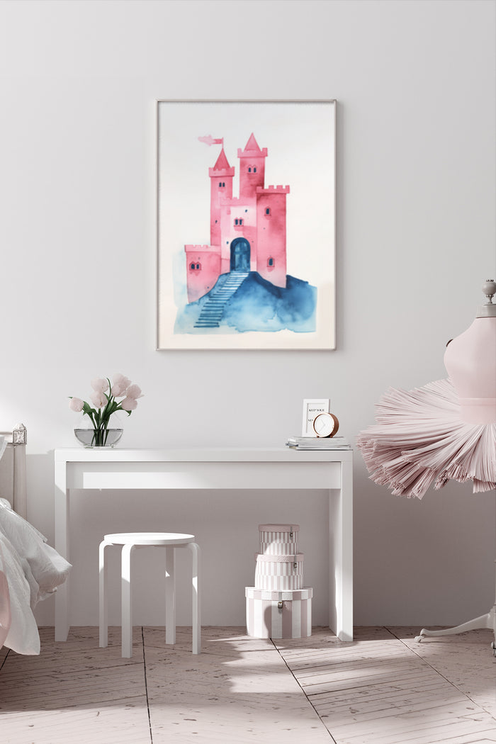 Pink watercolor castle artwork in a white modern interior setting