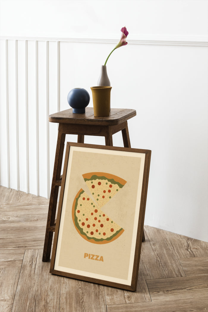 Vintage style pizza poster displayed on a wooden easel in a home interior with decorative vases