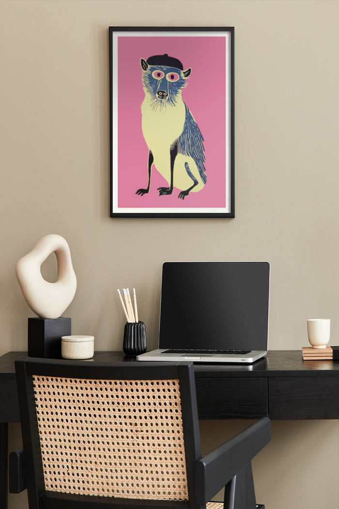 Modern pop art style poster of a monkey wearing glasses on a pink background, displayed above a home office desk