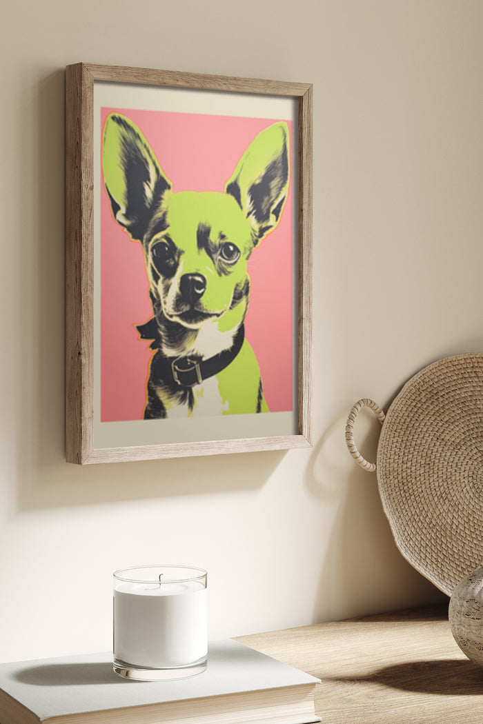 Framed pop art poster of a Chihuahua on pink background displayed in home decor setting