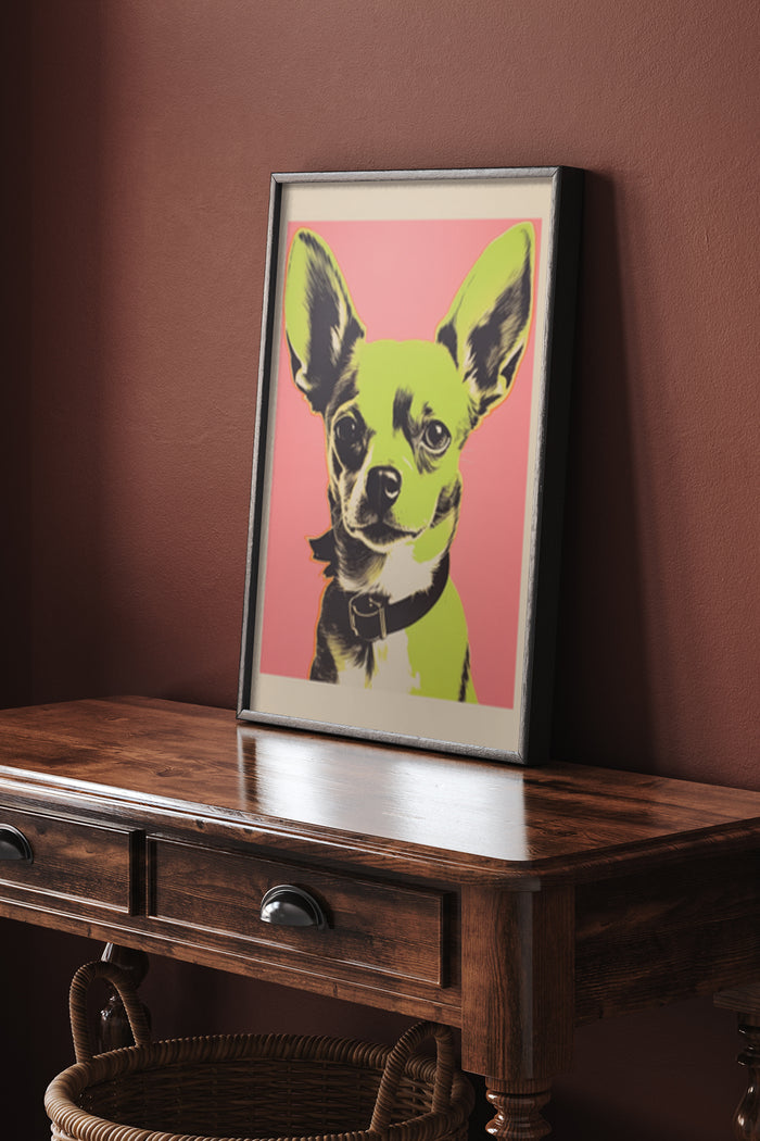Bright pop art Chihuahua dog poster framed on a wooden table against a red wall