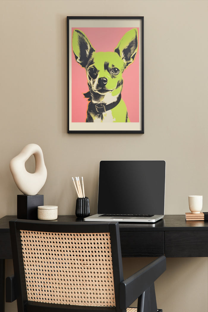 Stylish pop art inspired Chihuahua poster with pink background displayed above a home office desk with a laptop