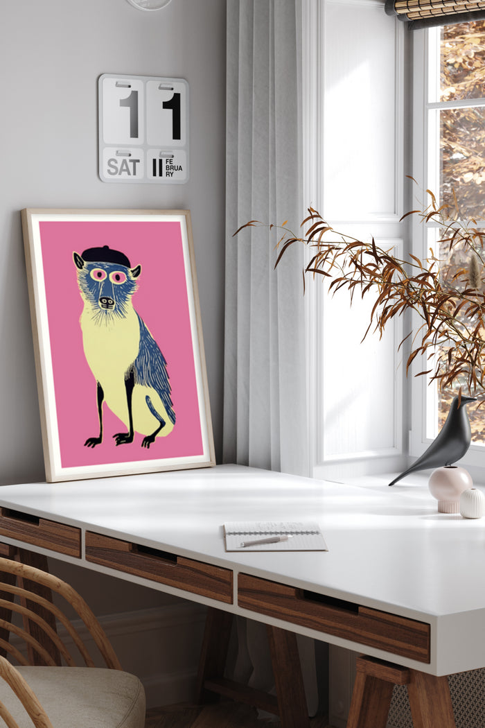 Pop art style poster of a monkey wearing glasses and a beret in a modern interior setting