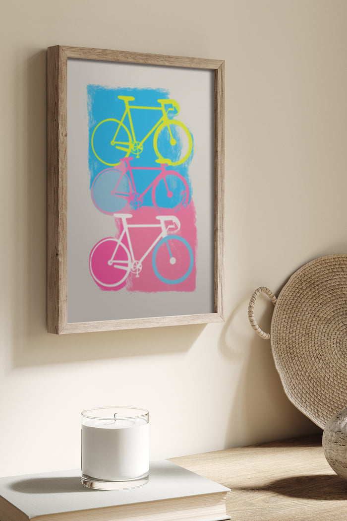 Pop Art Style Bicycles Colorful Framed Poster in Home Decor Setting