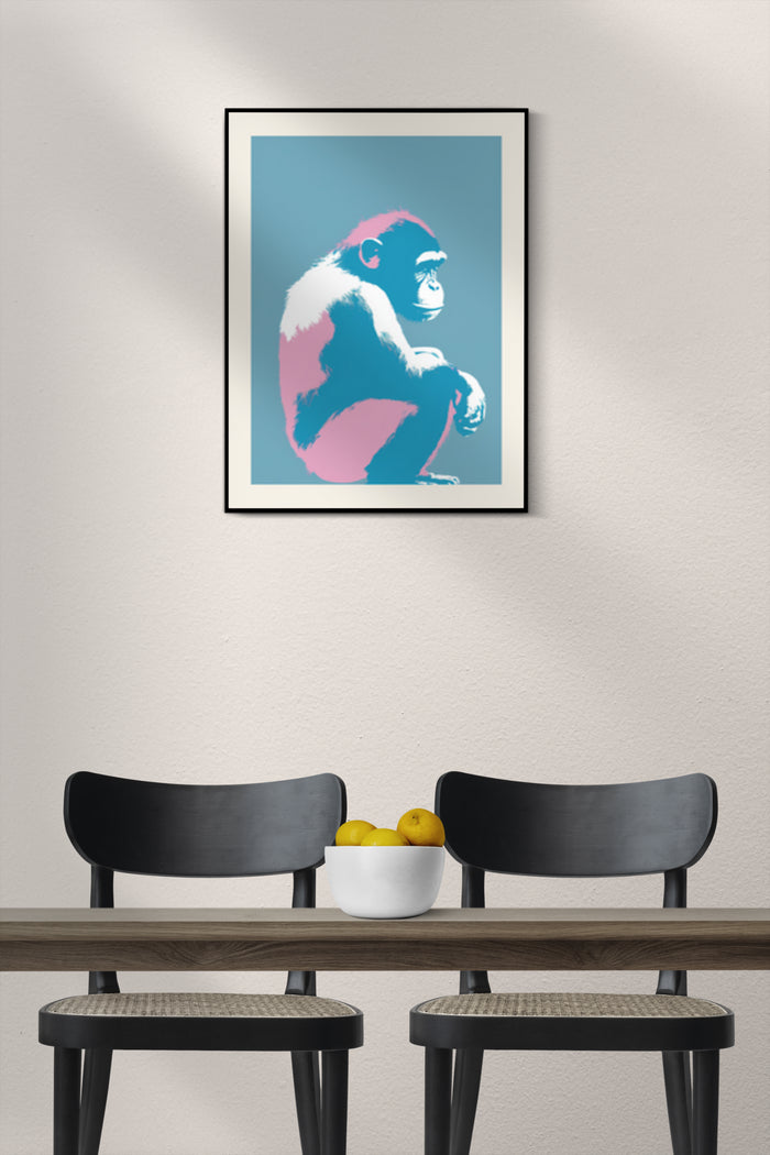 Stylized pop art monkey poster displayed above bench and wooden table in contemporary room setting