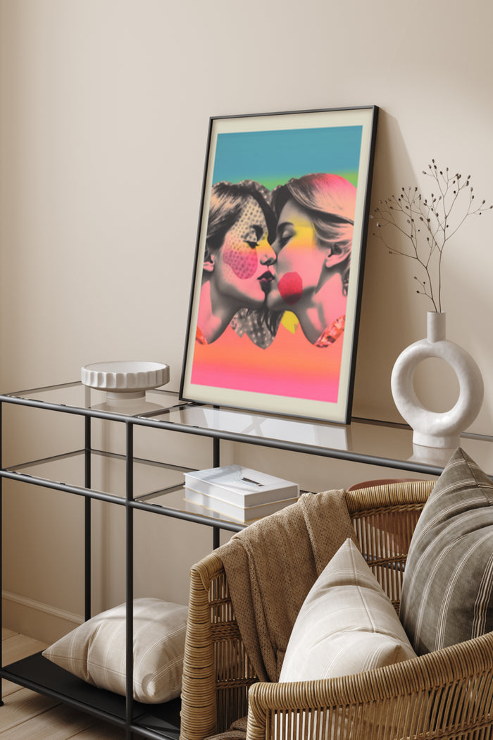 Pop art poster of two women with vibrant makeup kissing in a modern living room setting