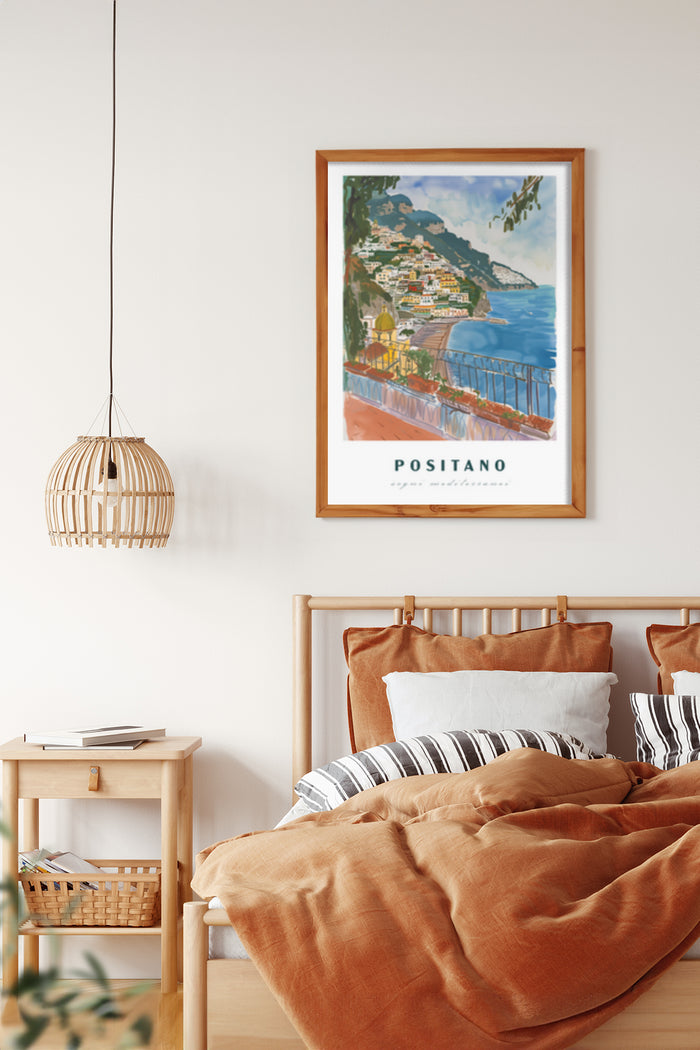 Framed Positano travel poster hanging on bedroom wall