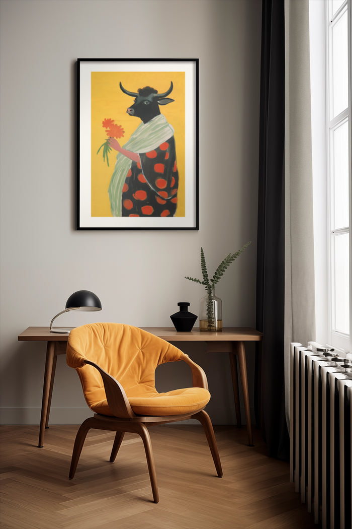 Quirky illustrated bull character holding a flower artwork poster in a modern interior setting