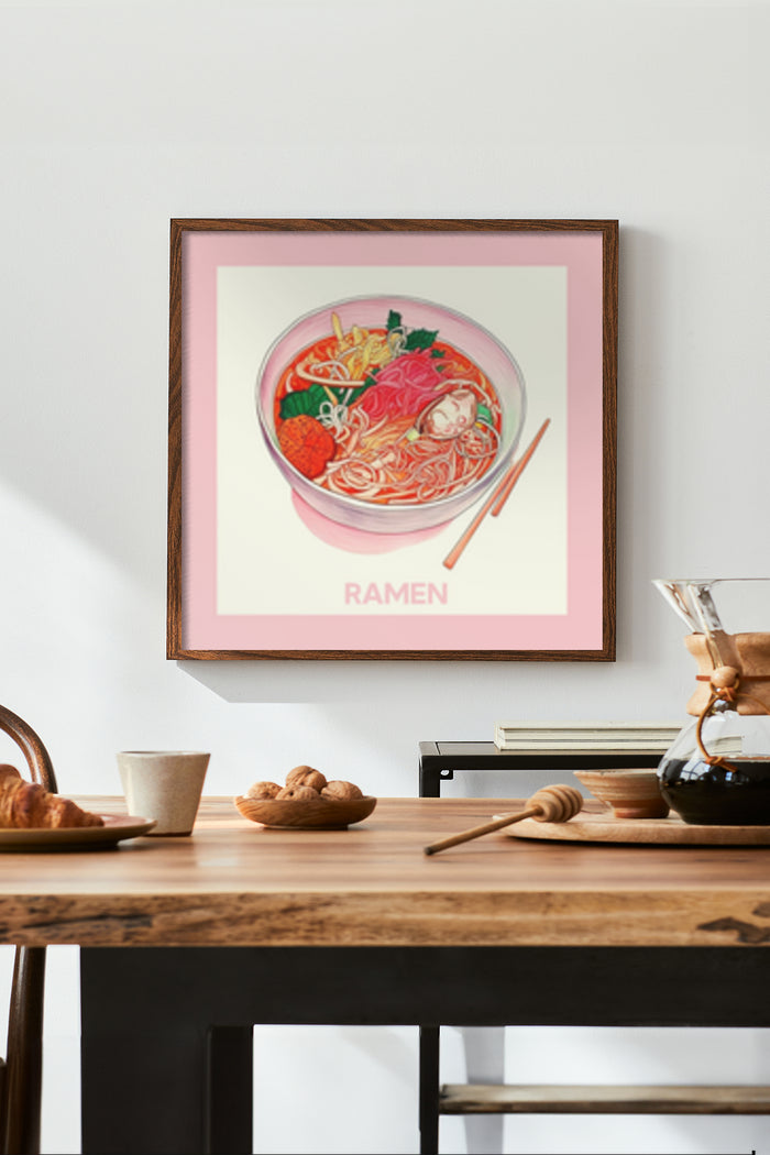 Stylish framed poster of ramen noodle soup on kitchen wall, interior design with modern furnishings