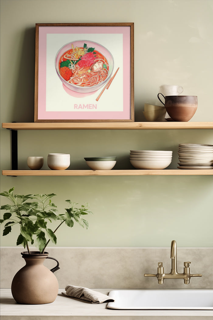 Artistic ramen noodle soup poster framed on kitchen wall