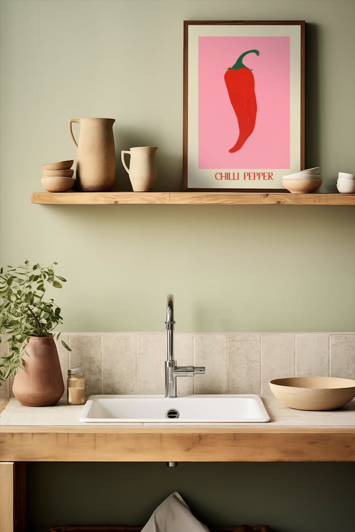 Minimalist red chili pepper kitchen poster framed on wall above shelf with pottery