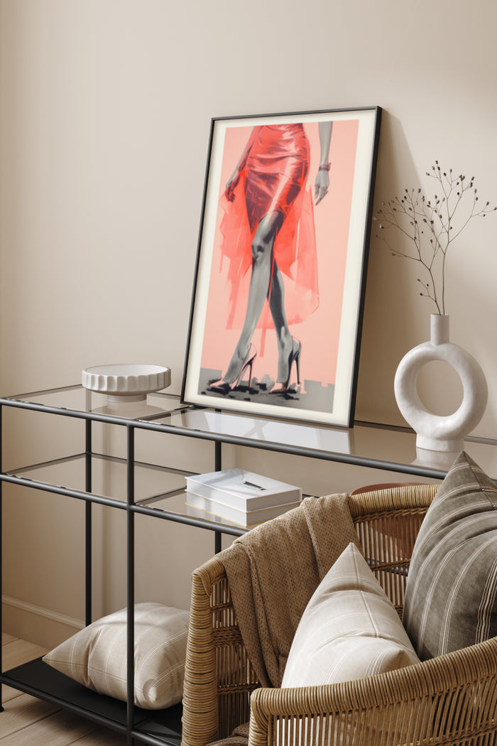 Stylish red dress and black heels fashion poster in a modern home interior