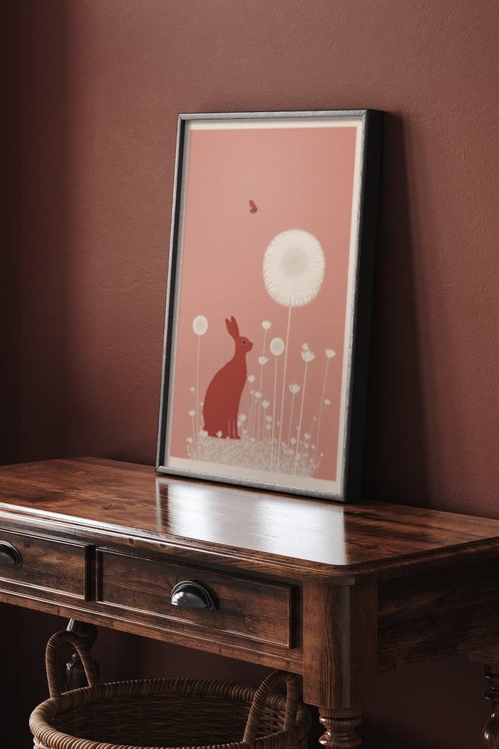 Red Rabbit with Dandelions Illustration Poster in Home Decor Setting