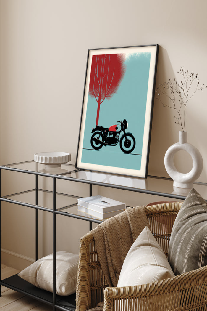 Modern interior with a framed poster of a red tree and retro motorcycle design