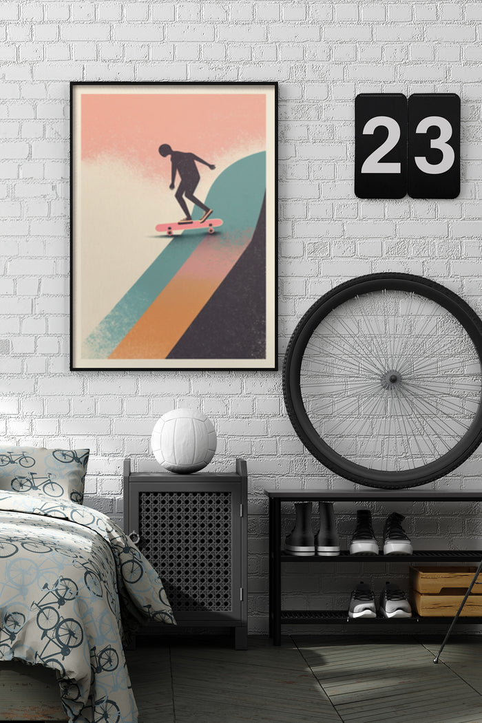 Stylish retro skateboard illustration poster above bed in a contemporary bedroom interior