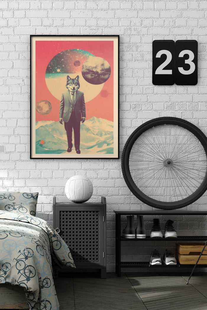 Retro style poster of a wolf in a suit in space with planets and stars, wall art for home decoration