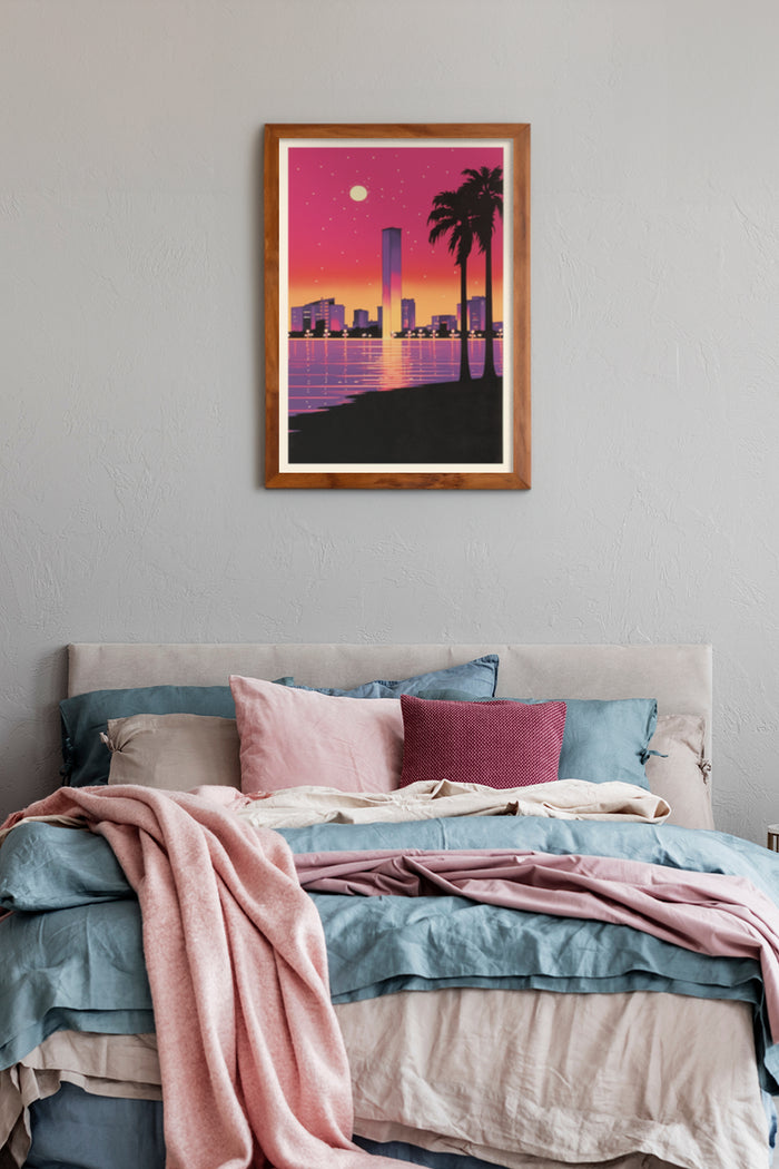 Retro sunset cityscape poster with palm trees and skyline, ideal for bedroom wall decor