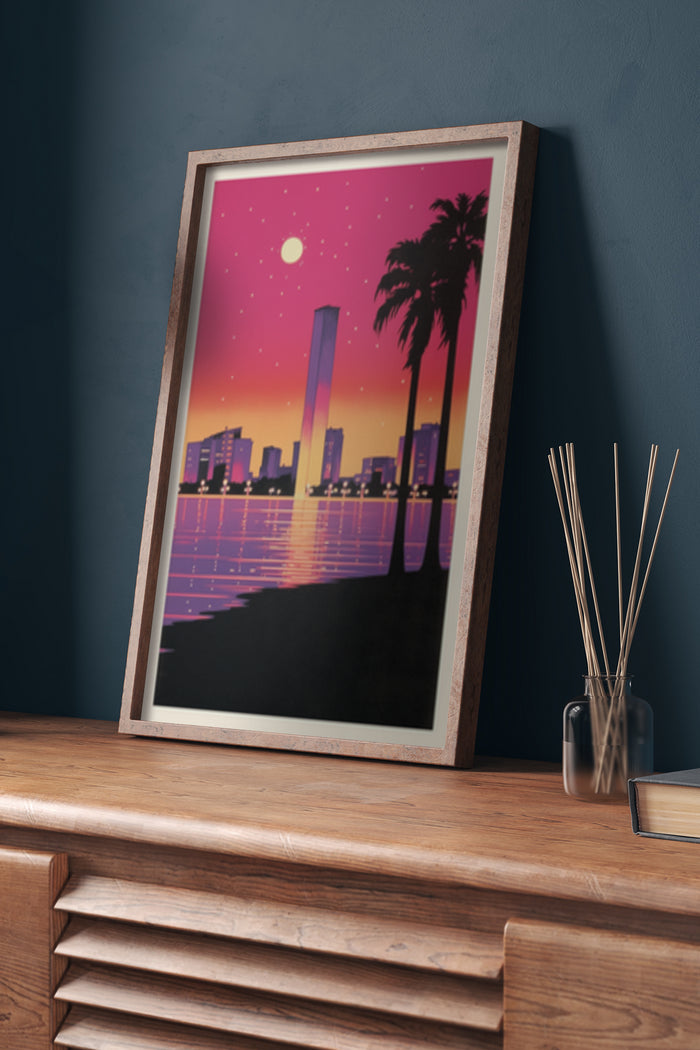 Retro style poster of a sunset cityscape with skyscrapers and reflection on water