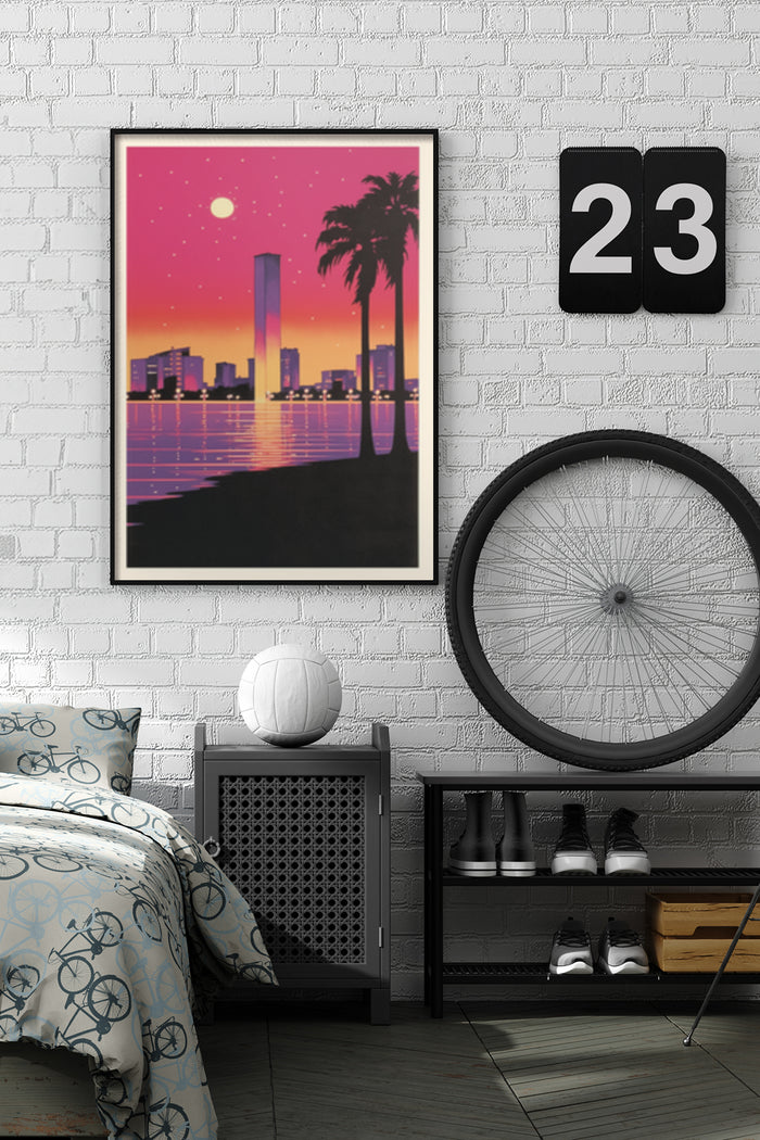 Retro style sunset with palm trees and city skyline poster in a modern bedroom interior
