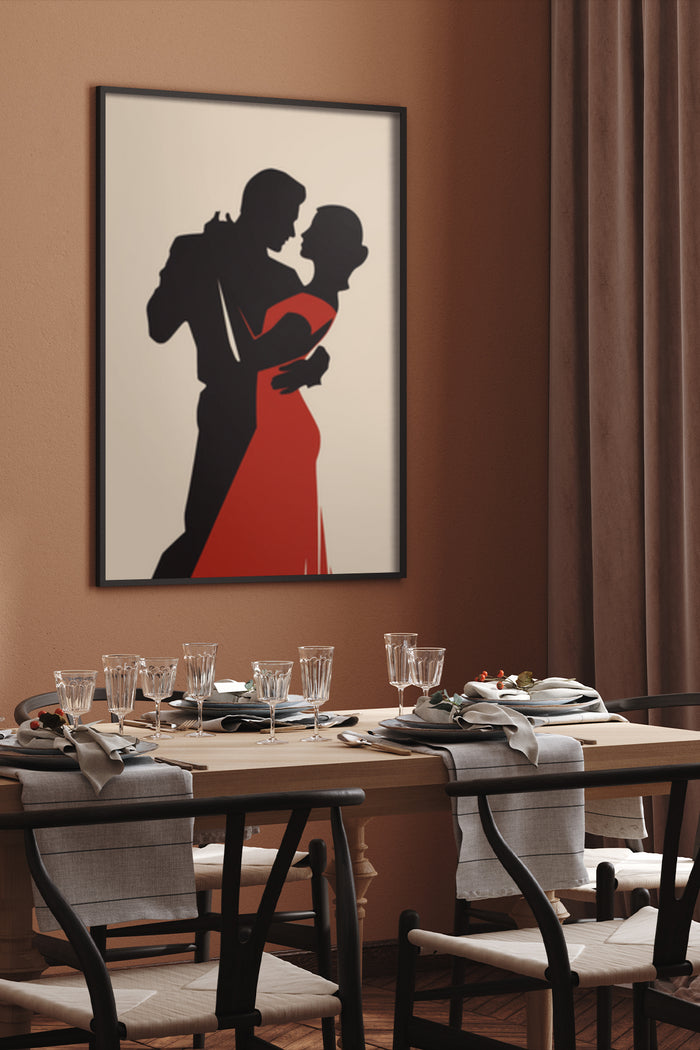 Elegant minimalist poster of a romantic couple dancing in a dining room setting
