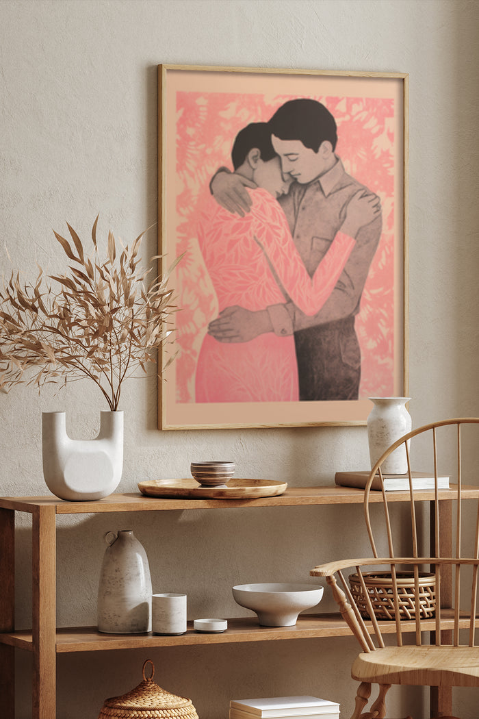 Elegant romantic embrace poster illustration in a cozy interior setting