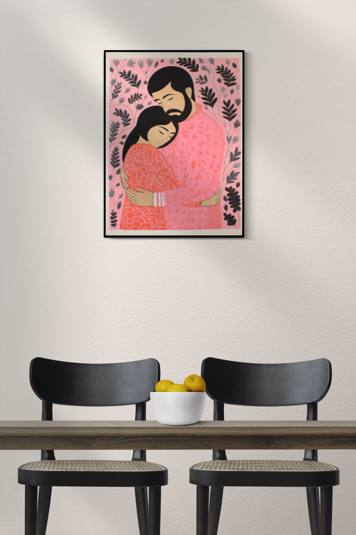 Contemporary art poster featuring an illustration of a romantic couple embracing with a pink and dark floral background